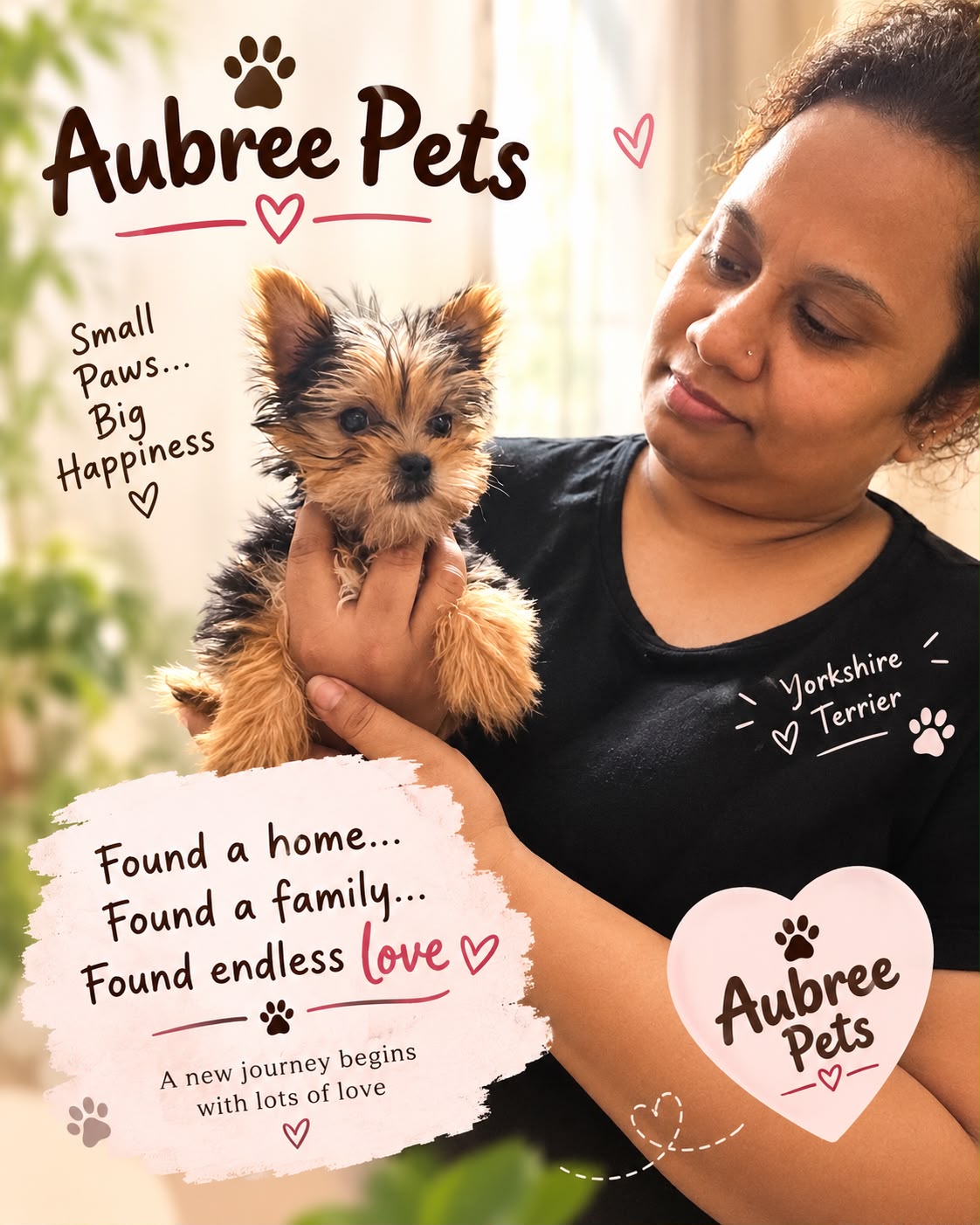 A happy customer holding her Yorkshire Terrier puppy in an Aubree Pets homecoming photo
